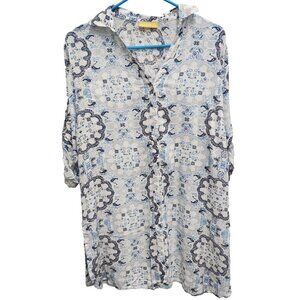 Mustard Womens Lagenlook Tunic Top Size 16 Blue White Floral Tab Sleeve Coastal